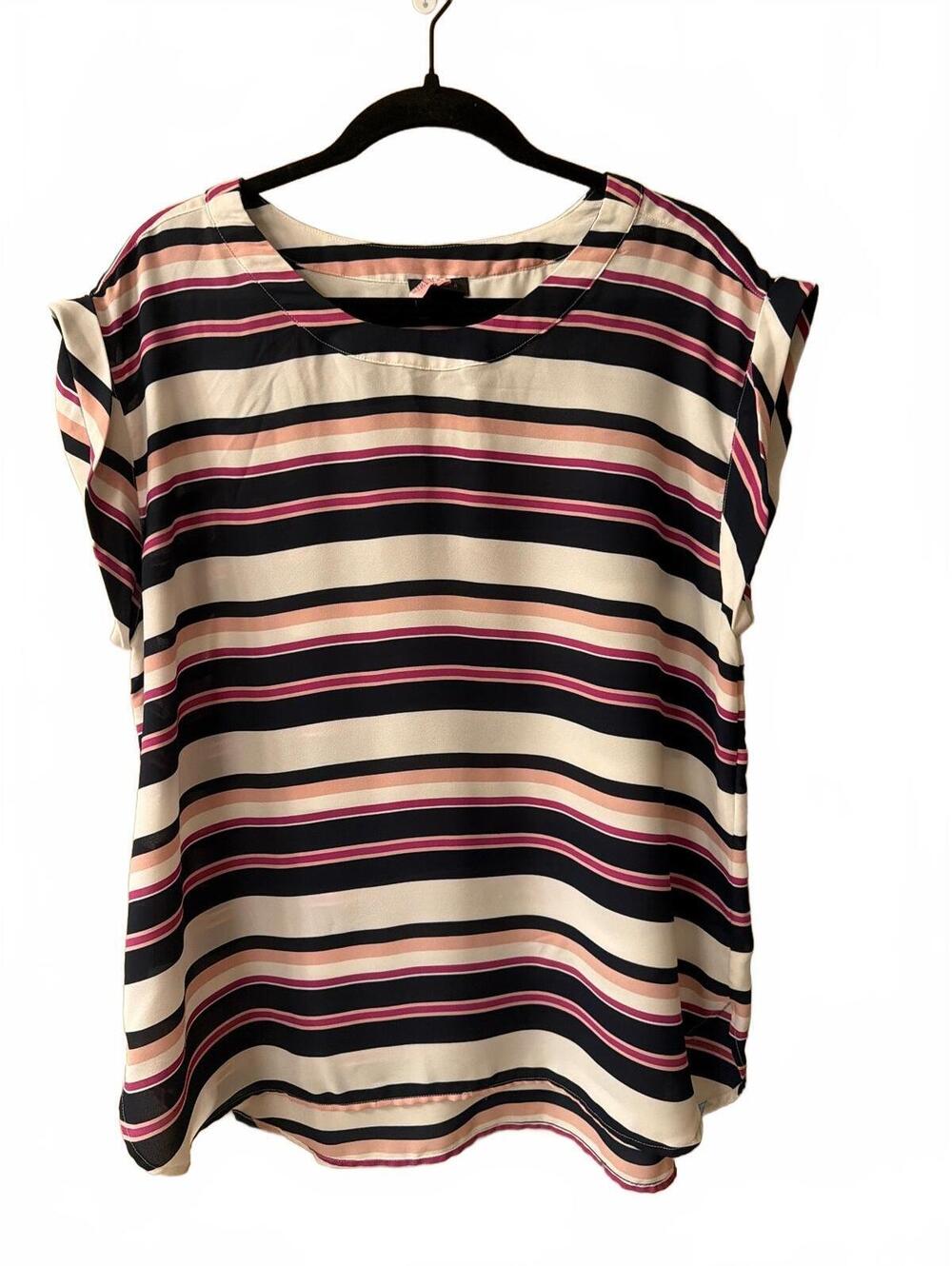 Anne Taylor Striped Short Sleeve Blouse in Navy, Pink, and Cream